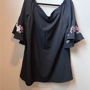 Jennifer Lopez off shoulder Black Dress with Pink Floral Sleeves